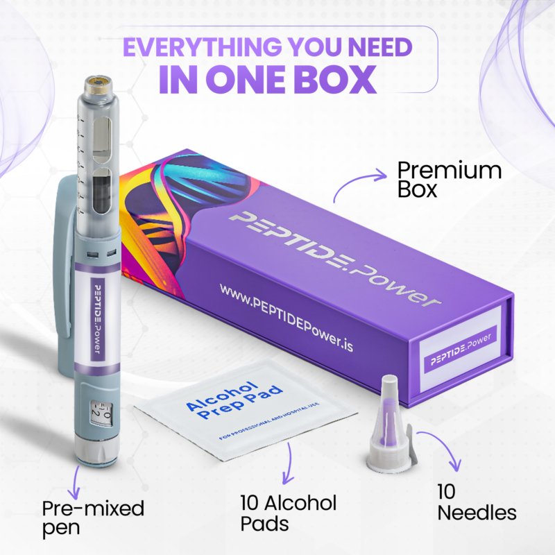 PeptidePower research peptide kit — premium box, pre-mixed pen, alcohol prep pads, ultra-thin needles