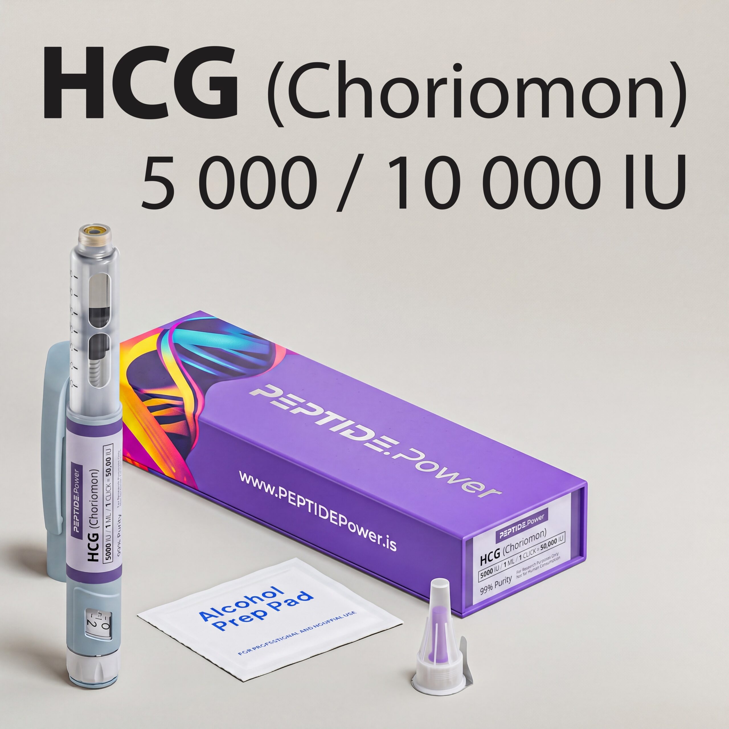 HCG (Choriomon) - PEPTIDE.Power HCG (Choriomon): 10 000 IU / 5000 IU - Pluma de Péptido de Investigación Premezclada, 99%+ Pureza (CoA) | PEPTIDE.Power